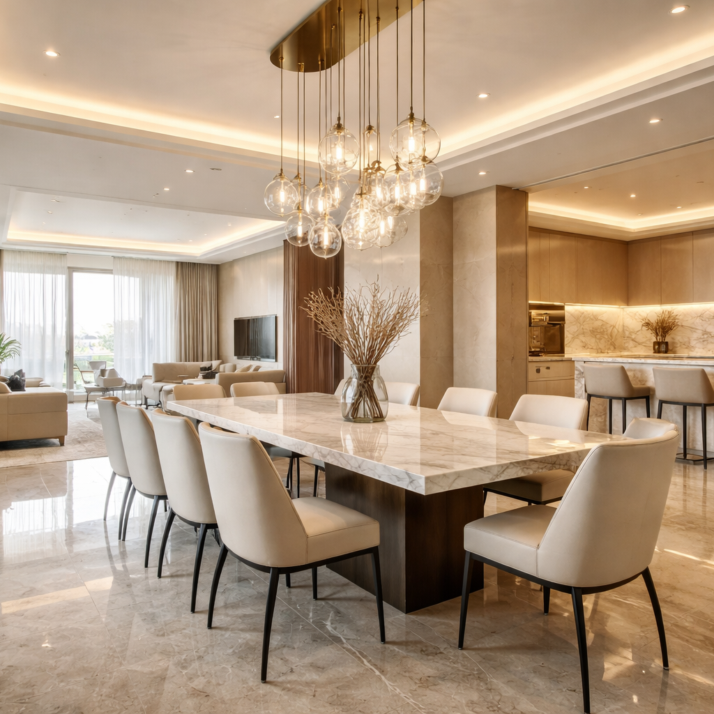 A luxurious dining room, trendy color palette. 