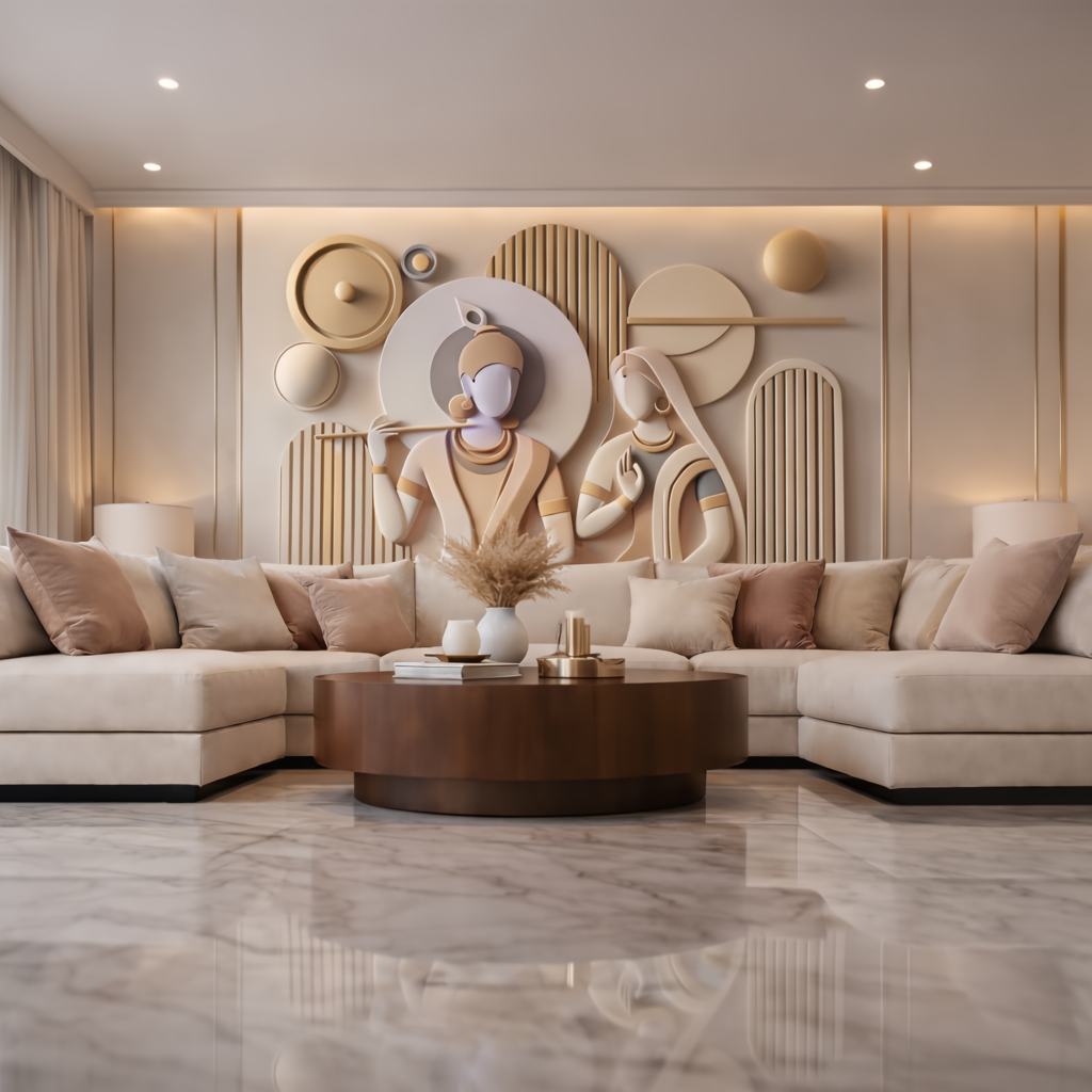 Decorative wall art of Radha Krishna creating a serene, elegant interior design.