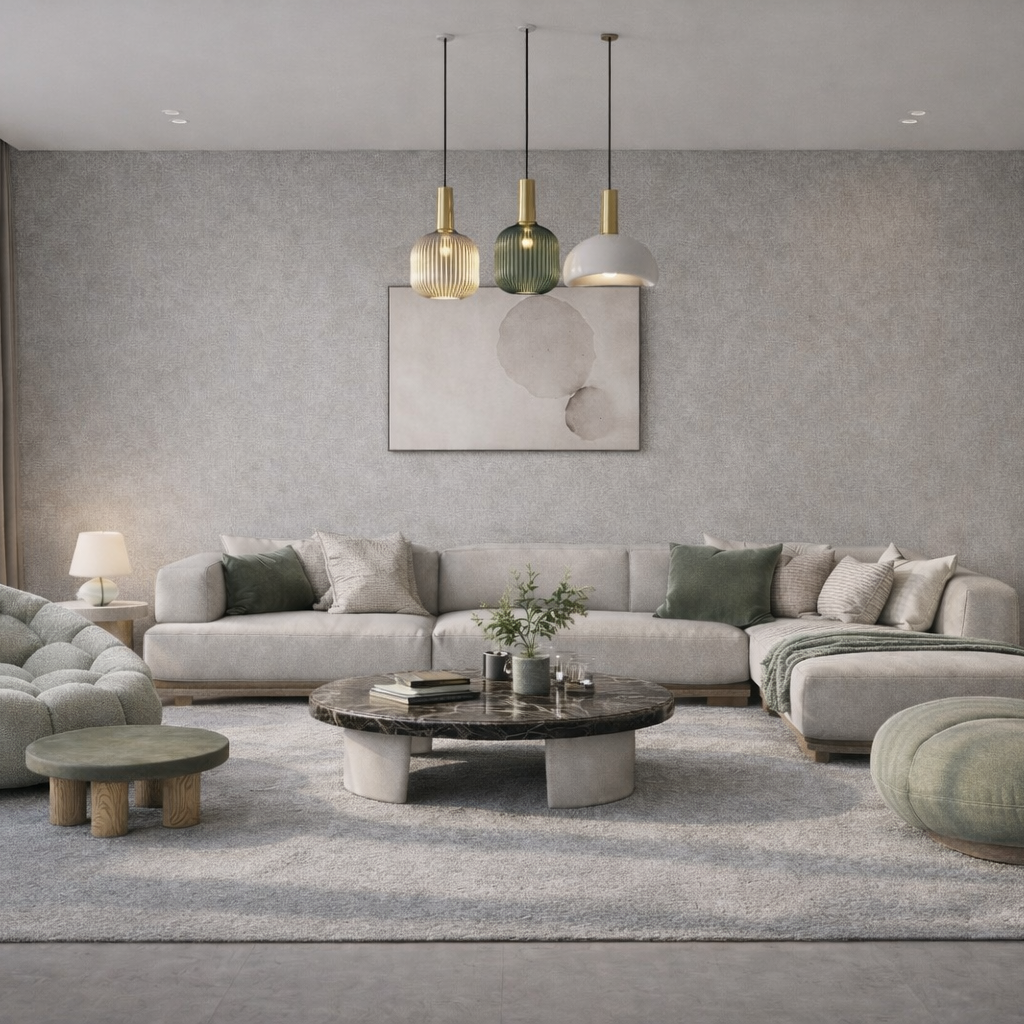 Modern luxury living room with neutral palette, sectional sofa, and marble coffee table. 